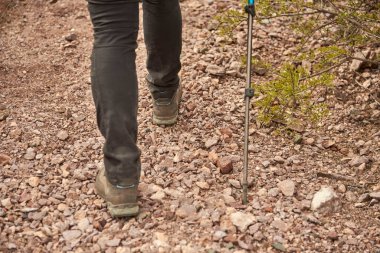 Tanımlanamayan yürüyüşçü bacakları engebeli arazide yürüyüş direği kullanarak yürüyor. Kavramları: doğa yürüyüşü, yürüyüş, macera.