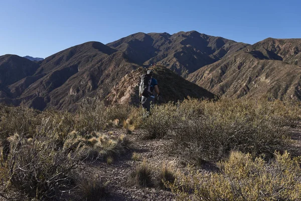 stock image Unrecognizable hiker seen from behind walking through a mountainous landscape in Mendoza, Argentina. Mountaineering in Latin America.