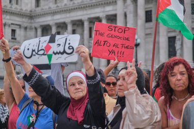 Buenos Aires, Arjantin, 16 Şubat 2024: Filistin bayrakları ve pasifist posterler asan kadınlar, Filistin ve İsrail soykırımına karşı dayanışma içinde kongre önünde toplandılar.
