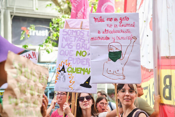 Buenos Aires, Argentina; March 8, 2024: women day, Feminist poster against the national government: Milei is not a cat, he is not an animal, he is a ultra-right-winger, a machirul and a criminal.
