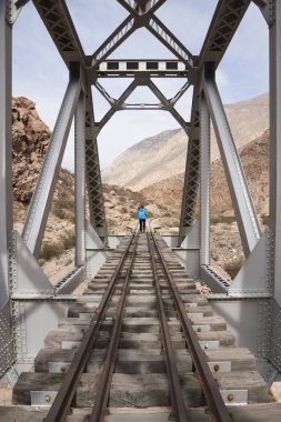 Demiryolu köprüsünden geçen birinin arka görüntüsü. Kavram: Açık havada zaman geçirmek. Uyum oluşturmak için simetri ve merkezi perspektif kullanılarak kopyalama alanı ile kompozisyon.