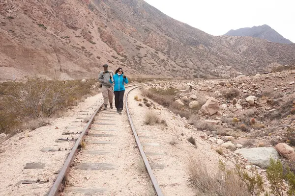 İki arkadaş, erkek ve kadın, kışın Potrerillos, Mendoza, Arjantin 'de tren raylarında yürüyorlar. Geleneksel bir Arjantin sıcak içeceği olan içki arkadaşıydılar..