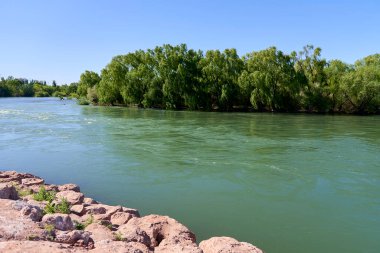 Arjantin 'deki Neuquen Nehri. Sakin bir manzara, sular kıyılar arasında sakince akıyor, yemyeşil bitki örtüsüyle, ilkbahar geldi..