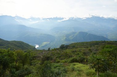 Kolombiya And arazisi, yemyeşil bitki örtüsüyle kaplı dağlar. Guane, Santander 'daki bir gözcü noktasından bak.