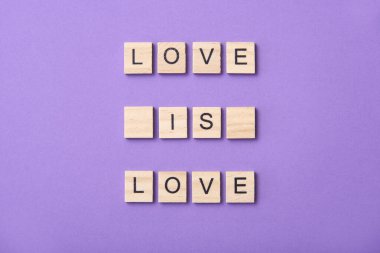 İçinde harfler olan tahta parçalar, aşk mor arkaplan üzerinde aşktır, romantik yönlerde özgürlüğü ve eşitliği teşvik eden tasarım..