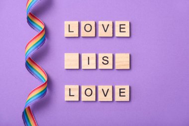 İçinde harf olan tahta parçalar LGBT topluluğunun sembolü olan gökkuşağı bayraklarının yanında Aşk Aşktır yazısını oluşturur. Mor arkaplan, romantik açıdan özgürlüğü ve eşitliği teşvik eden tasarım.