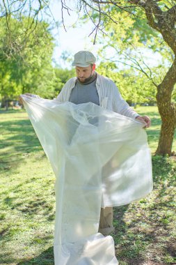 Kamp kurma süreci. Genç adam çadırın altındaki plastiği açıyor. Çevre yeşil ve hava güneşli..