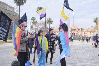 Buenos Aires, Arjantin; 14 Temmuz 2025: İkili olmayan görünürlük günü, cinsiyet kimliğine, dahil edilmeye ve eşit haklara saygı gösterme eylemi. Plaza de Mayo 'da ikili olmayan ve diğer LGBT bayrakları.
