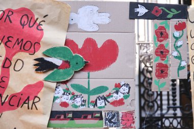 Buenos Aires, Argentina; October 4, 2025: Drawings and messages in support of Palestine, against Zionist genocide, displayed during the Flores Book Fair.