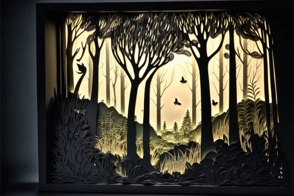Background with landscape of a beautiful fairy tale tropical forest and wild animals, paper, cut out and colored cardboard.