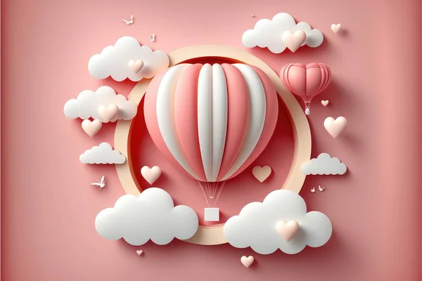 Valentine\'s day or marriage illustration with heart balloons and clouds, 3D paper cut style