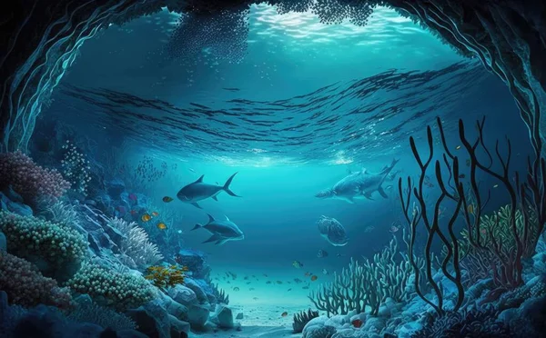 Beauty of the underwater ocean with aquatic animals and coral