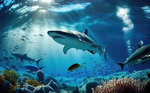 Beauty of the underwater ocean with shark, aquatic animals and coral