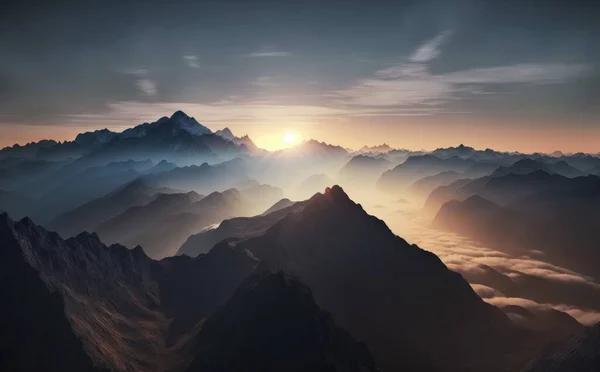 Aerial view of Foggy mountains in orange clouds at sunrise in summer,