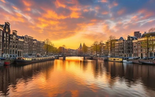 Amsterdam sunset city skyline at canal waterfront, Amsterdam, Netherlands,