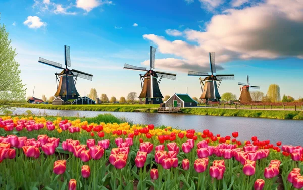 Landscape with tulips, traditional dutch windmills in Netherlands, Europe,