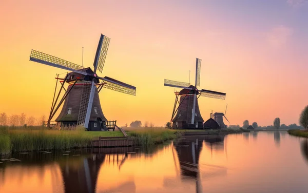 Windmills in Kinderdijk at sunset, The Netherlands,