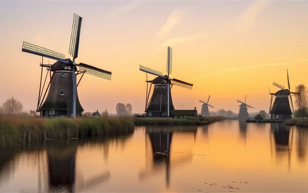 Windmills in Kinderdijk at sunset, The Netherlands,