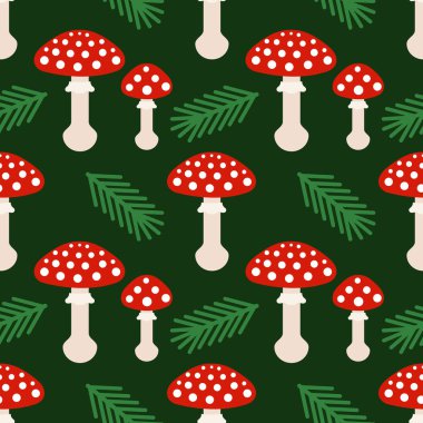 Kırmızı mantarlar orman mantarları. Koyu ve pürüzsüz desenler. Vektör illüstrasyonu.