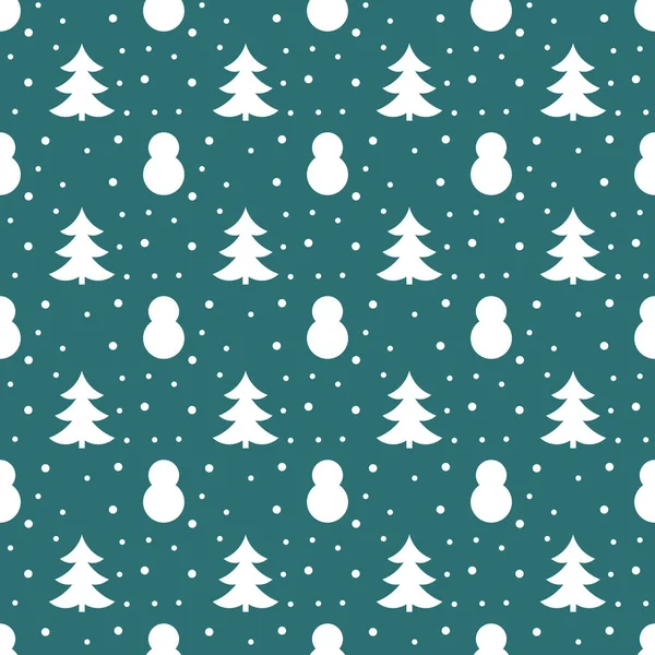 クリスマスツリーと雪だるまのシームレスな白いパターン ベクターイラスト — ストックベクタ