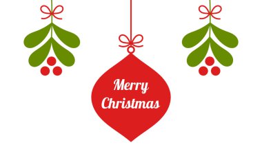 Christmas ball and mistletoe hanging decoration greeting card. Vector illustration.