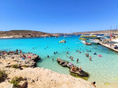Comino, Malta - August 24, 2020: Scenic view from Comino island on Blue Lagoon. Malta travel.