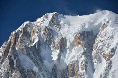 Mont Blanc mountain massif close up, winter Alps landscape view from Italy. Mont Blanc is the highest mountain in the Alps and Europe.