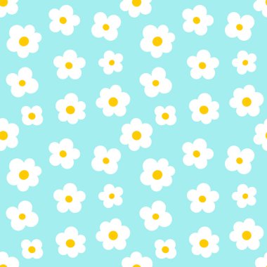 Sevimli beyaz papatya çiçekleri kusursuz mavi desenli. Vektör illüstrasyonu.