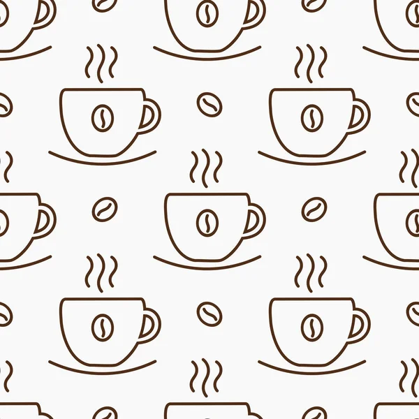 コーヒーカップと豆のシームレスなラインパターン ベクターイラスト — ストックベクタ