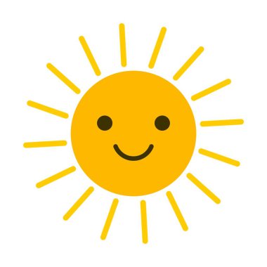 Şirin gülümseyen güneş. Yaz vektörü illüstrasyonu.