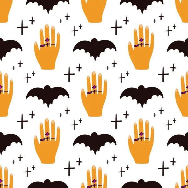 Halloween Vector Ilustración Patrón Sin Costuras Con Murciélago Manos Mágicas — Vector de stock