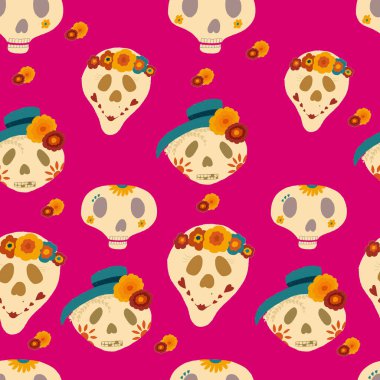 Kafatası, mumlar ve çiçeklerle kusursuz desen