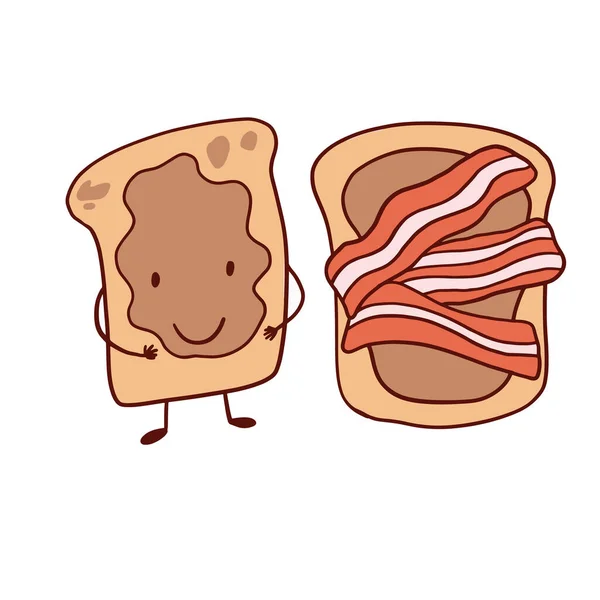 ナショナルピーナッツバターの恋人の日のアイコンは 落書き漫画のスタイルで ベクトルイラスト ピーナッツバターとベーコンのトースト — ストックベクタ