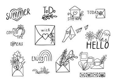 Karalama tarzında hazırlanmış sevimli aşk mektupları. Vektör illüstrasyonu