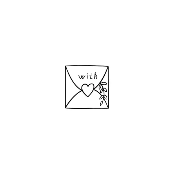 Mignonne Lettre Amour Avec Des Feuilles Une Icône Coeur Dans — Image vectorielle