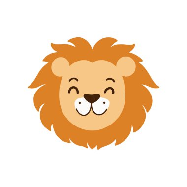 Çizgi film tarzında şirin aslan kafası. Gülümseyen orman hayvanı. Vektör illüstrasyonu