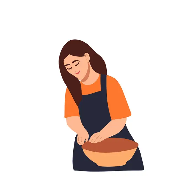 stock vector Young woman in apron making ceramic jar. Vector illustration.