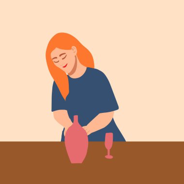 Alkol aldıktan sonra genç bir kadın. Elinde şişe ve bardaklarda şarap şişesi olan küçük sarhoş bir adam. Bağımlılık, sağlık sorunu, kötü alışkanlık kavramı