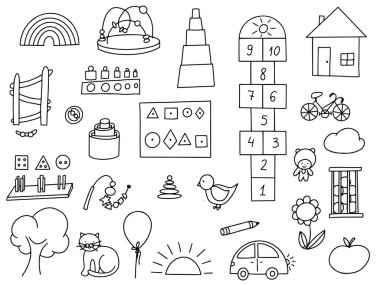 Kreş karalama simgeleri ayarlandı. Anaokulu oyuncakları, anaokulu oyuncakları, okul. Vektör illüstrasyonu