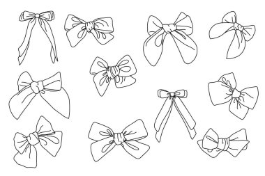 Dekoratif kurdele saçı koleksiyonu eskiz karalama tarzında. Vektör illüstrasyonu