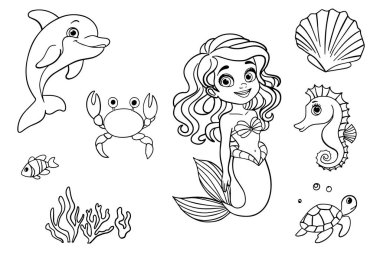 Boyama kitabı için bir deniz atının siyah-beyaz çizimi. Beyaz arkaplanda basit bir taslak çizimi.