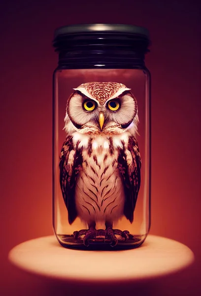 Digital illustration. Portrait of an owl in cartoon style. Owl in a jar