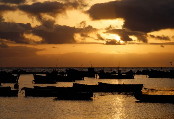 Silhouette Many Fishing Ships Harbor Seaside Altostratus Clouds Colorful Sunrise — Stock Photo, Image
