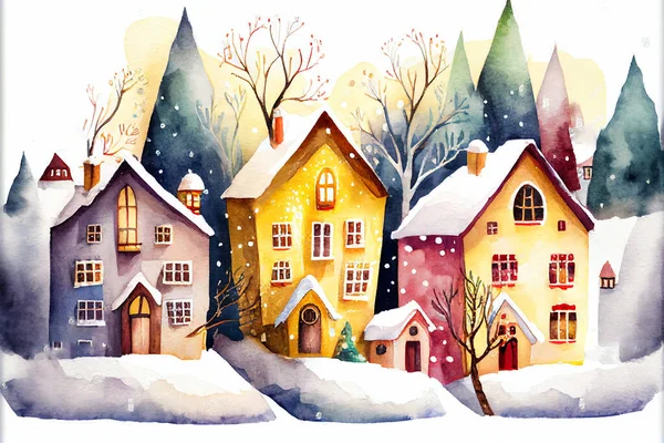 Digital watercolor winter village. Christmas decorated houses.Composition with house,snow,candy. Illustration for Christmas postcards,posters,greeting cards.Cartoon decorative houses.