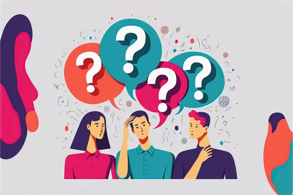 Question. Group of talking people with speech bubbles and giant question mark. Customer service, frequently asked questions, technical support, FAQ. Generative AI illustration concepts. Modern flat design.