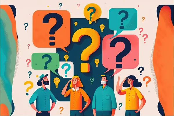 Question. Group of talking people with speech bubbles and giant question mark. Customer service, frequently asked questions, technical support, FAQ. Generative AI illustration concepts. Modern flat design.