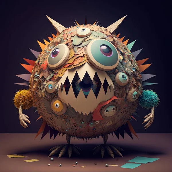 Funny ball Monster with many eyes Face. Generative AI Illustration. Halloween cartoon monster.