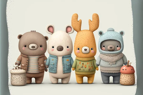 Cute animals friends with funny accessories. Set of Generative ai drawn smiling characters. Cartoon zoo. Bear, bunny, elephant, doggie.