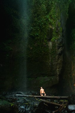 Kaslı bir adam sisli bir şelalenin yanındaki kütüğün üzerinde duruyor, yukarı bakıyor, koyu yosun kaplı kayalar ve yoğun yapraklarla çevrili..
