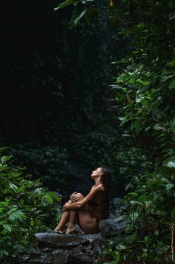 A6707644-Geliştirilmiş-NRA siyah bikinili kadın tropik yeşilliklerle çevrili kayalarda oturuyor, yemyeşil bir ormanda şelaleye bakıyor..